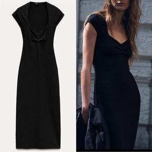Zara Black V Neck Sheath Midi Dress